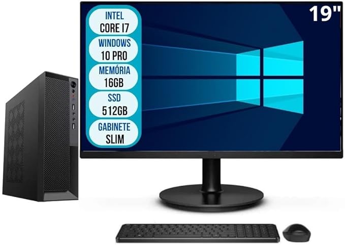 Computador Completo Slim Intel Core i7 16GB SSD 512GB Wifi Windows 10 Pro Monitor 19" 3green Office 3GO-035