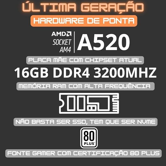 PC Gamer Completo AMD Ryzen 7 5700G, Gráficos Radeon VEGA 8, 16GB DDR4, SSD NVMe 256GB, Fonte 600W 80 Plus, Monitor 24" 75Hz, Skill RGB - SR-023