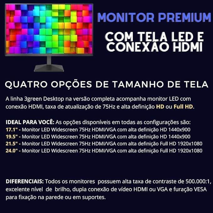 Computador Completo 3green Desktop Intel Core i7 16GB Monitor 24" Full HD HDMI SSD 480GB Windows 10 3D-165