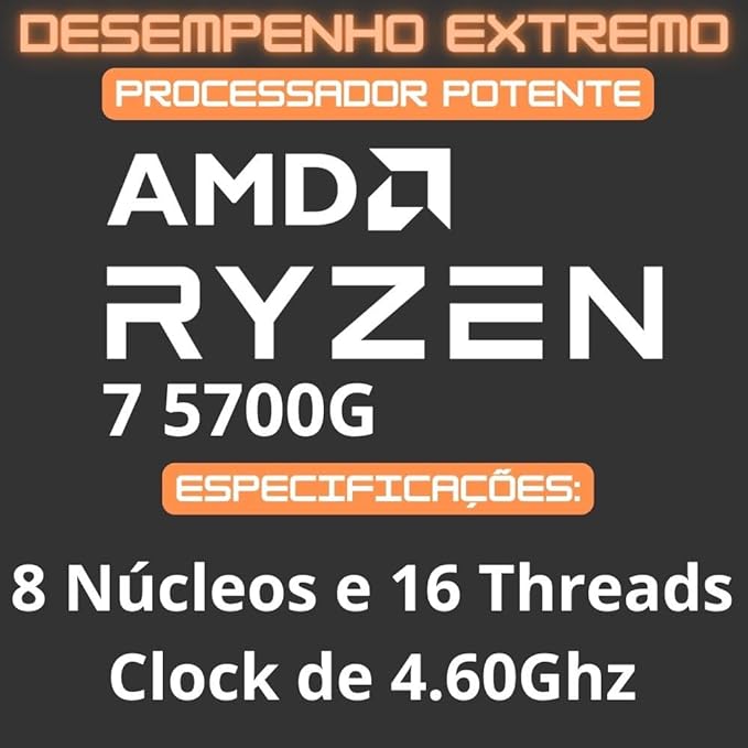 PC Gamer Completo AMD Ryzen 7 5700G, Gráficos Radeon VEGA 8, 16GB DDR4, SSD NVMe 256GB, Fonte 600W 80 Plus, Monitor 24" 75Hz, Skill RGB - SR-023